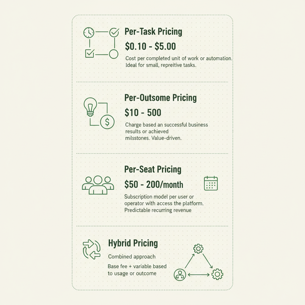 Vertical infographic comparing four AaaS pricing models: per-task, per-outcome, per-seat, and hybrid pricing with cost ranges