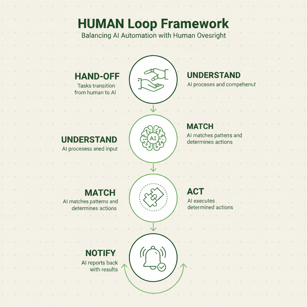 HUMAN Loop framework infographic showing 5 stages: Hand-off, Understand, Match, Act, and Notify