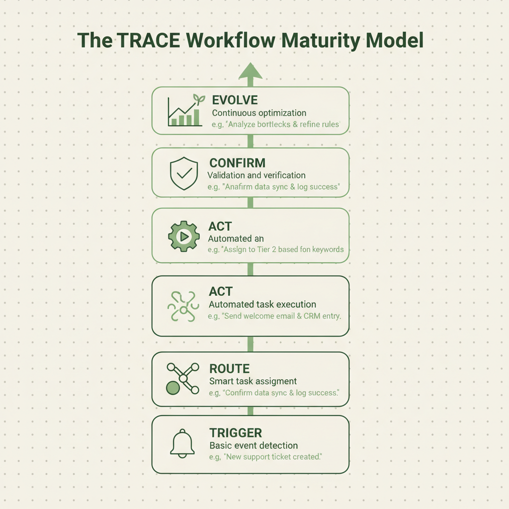 Infographic showing the 5 stages of the TRACE Workflow Maturity Model: Trigger, Route, Act, Confirm, Evolve