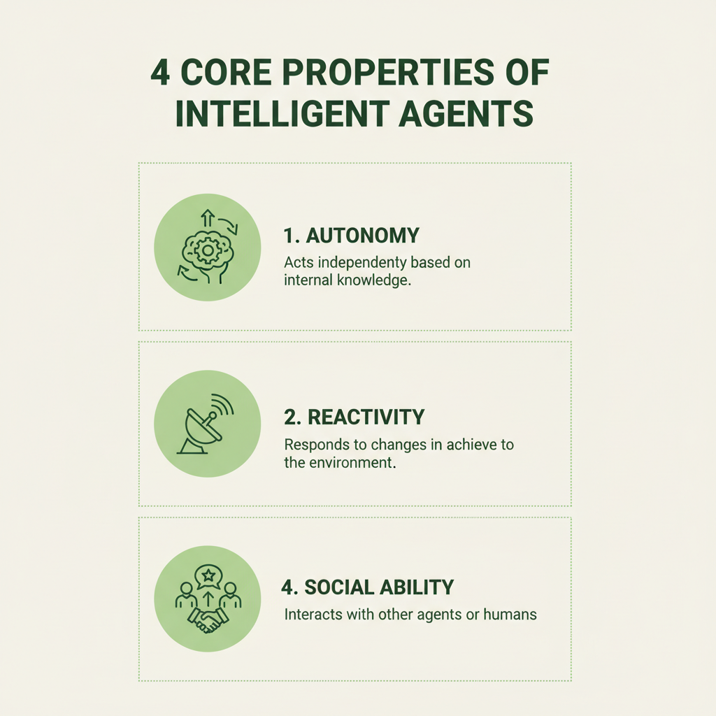 Infographic showing the 4 core properties of intelligent agents: autonomy, reactivity, proactivity, and social ability