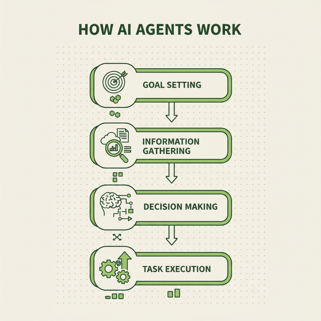 Vertical flow diagram showing the 4-step process of how AI agents work: goal setting, information gathering, decision making, and task execution