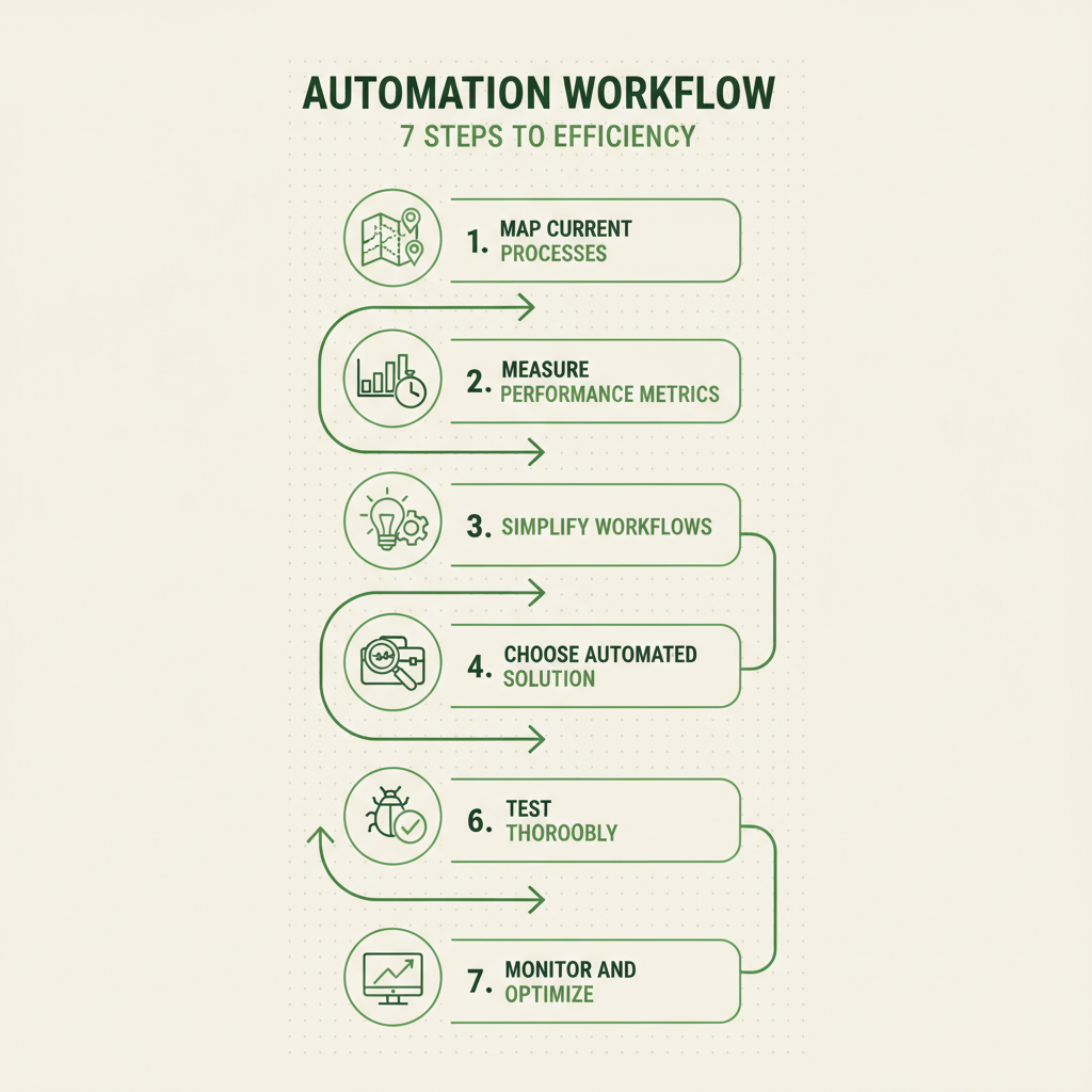 Vertical infographic showing 7 steps of business process automation workflow with icons and connecting arrows in green monochrome design