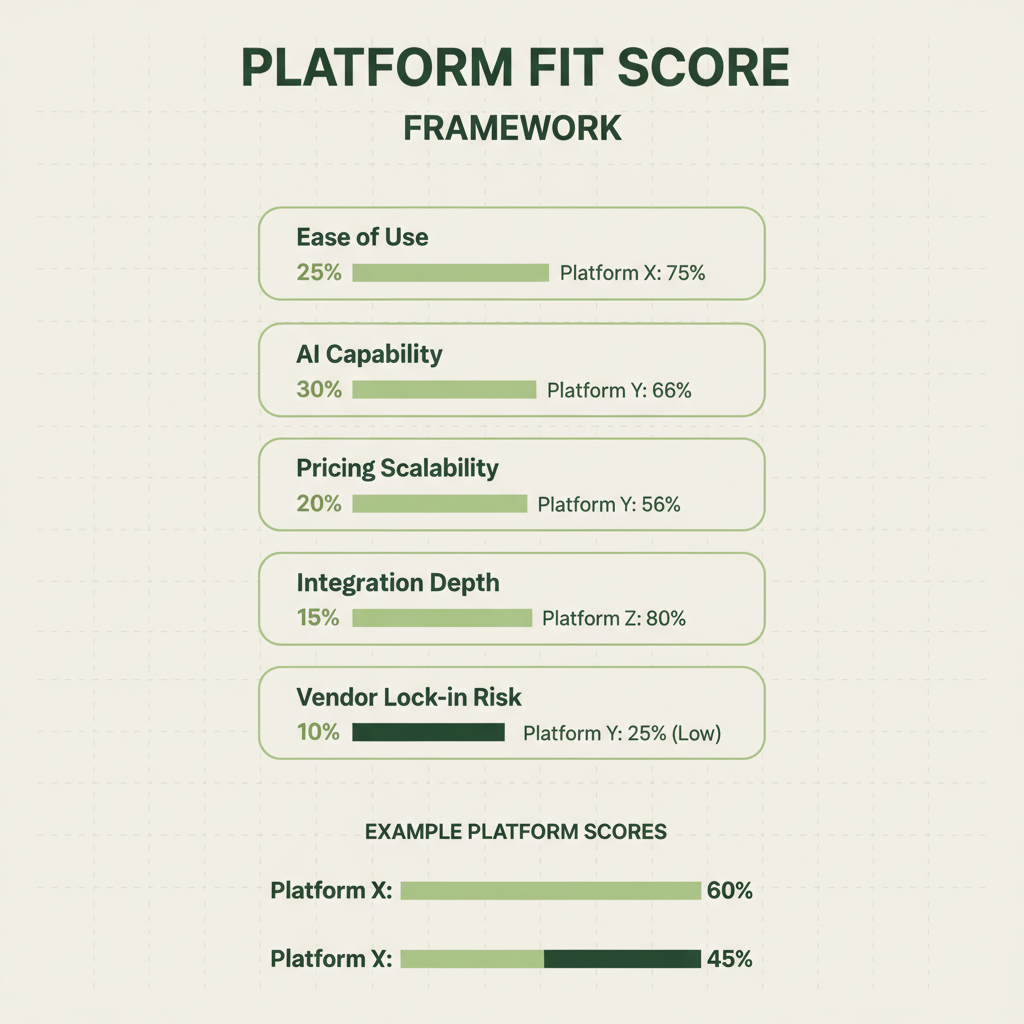 Platform Fit Score infographic showing 5 weighted evaluation criteria with percentage breakdowns and comparative scoring visualization