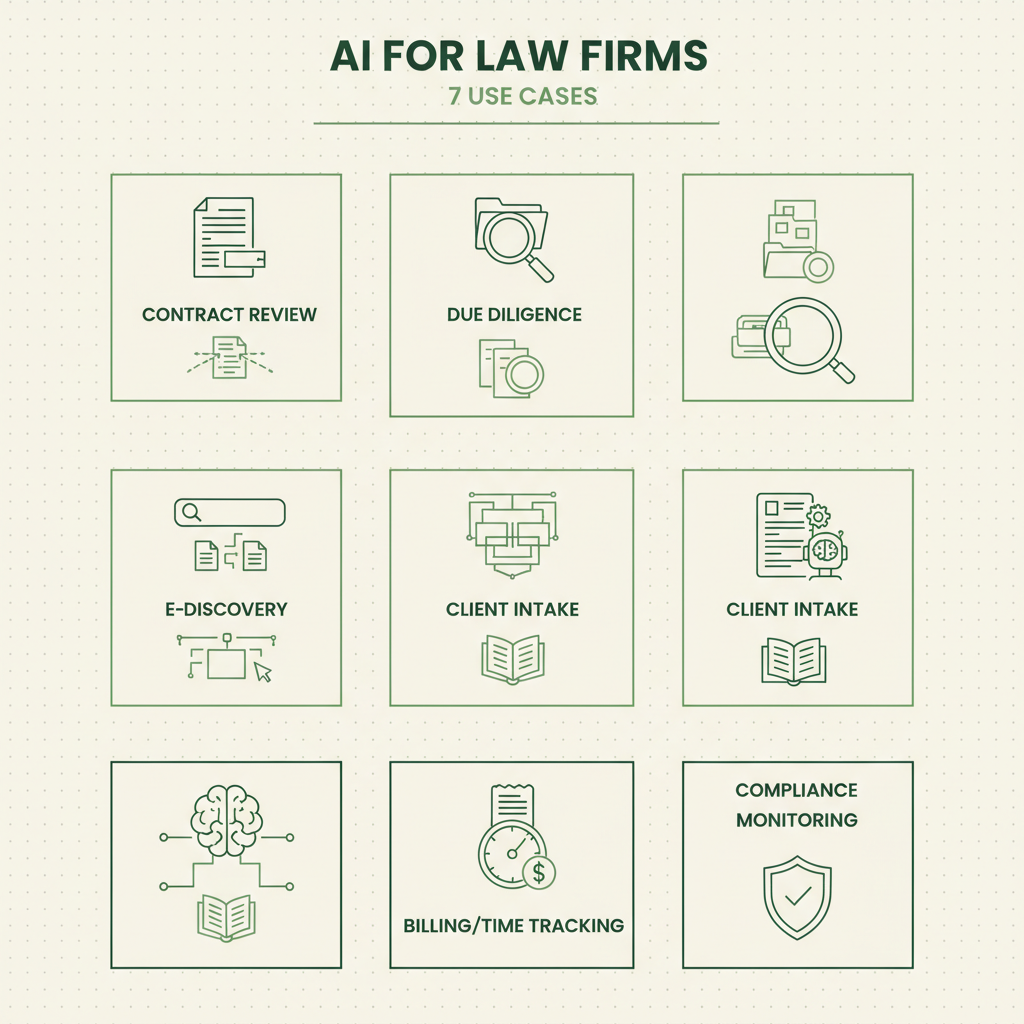 Vertical infographic showing 7 AI use cases for law firms: contract review, due diligence, e-discovery, client intake, legal research, billing and time tracking, and compliance monitoring