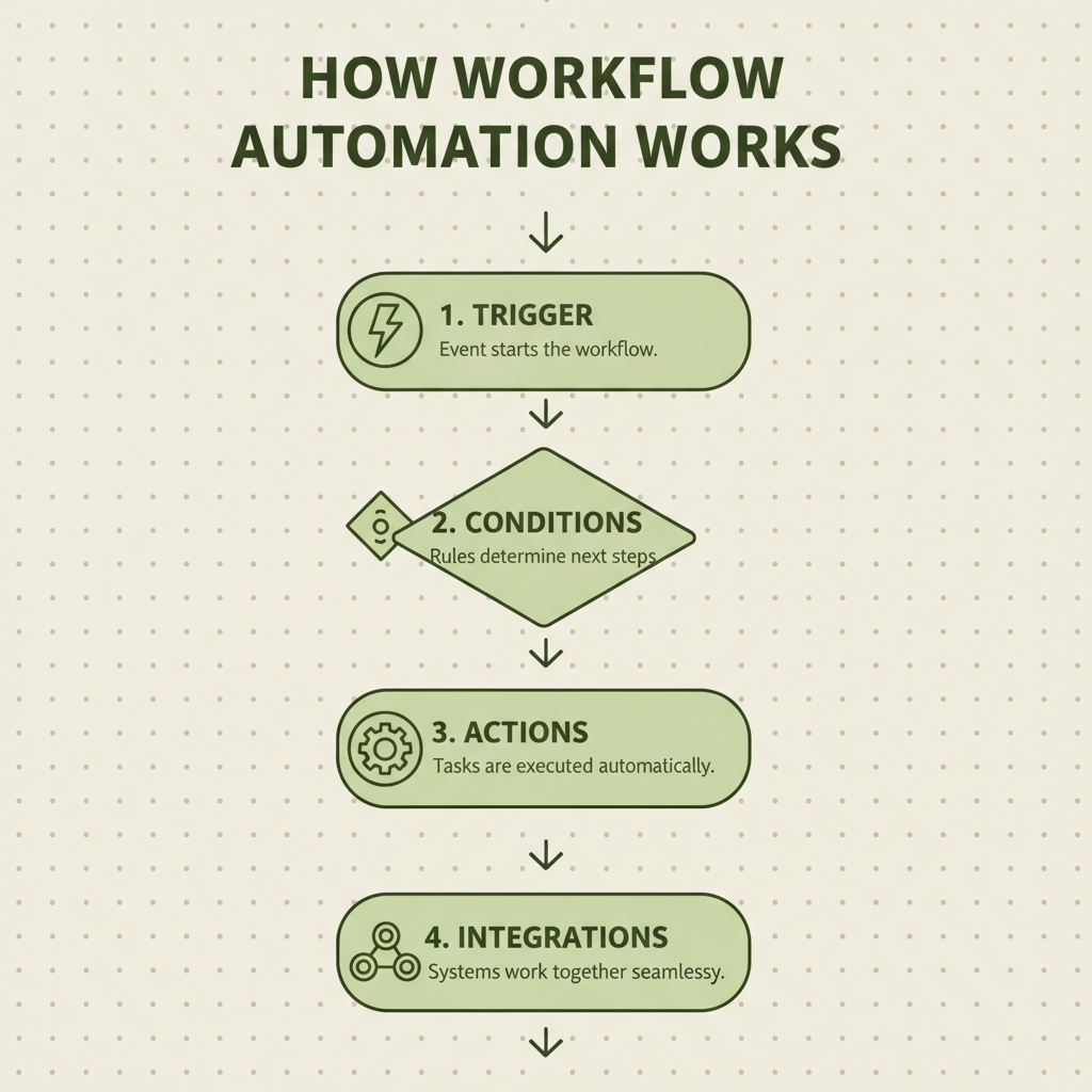 Infographic showing four workflow automation components: trigger events, conditional logic, automated actions, and system integrations