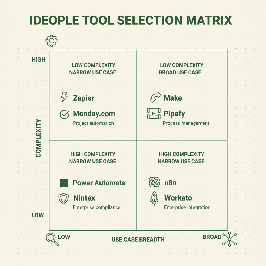 The Ideople Tool Selection Matrix - 2x2 grid showing workflow automation tools by complexity and use case breadth